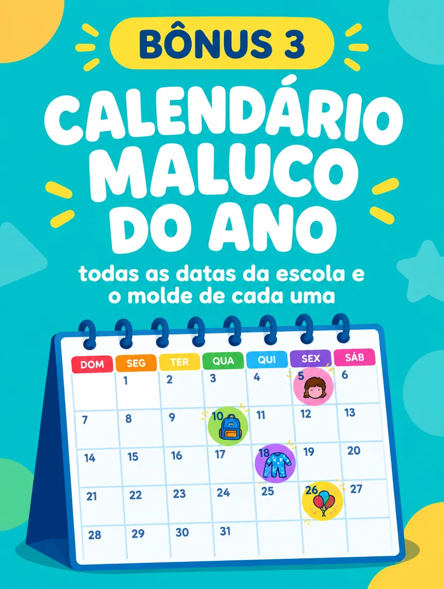 Capa do Calendário Maluco do Ano com datas escolares e sugestões de moldes
