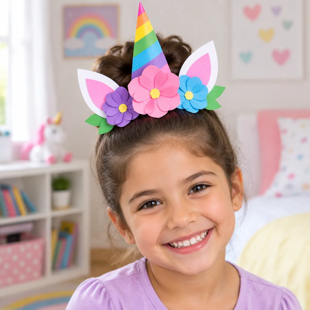 Menina usando cabelo maluco com tema de unicórnio